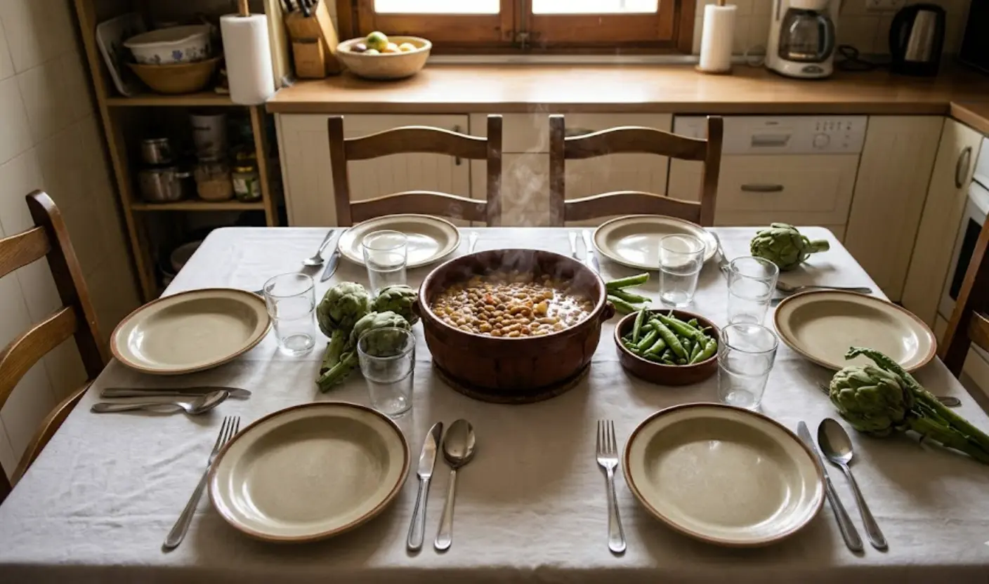 Mesa familiar con menú de transición invierno-primavera para cuatro personas en marzo 2026 por menos de 50 euros