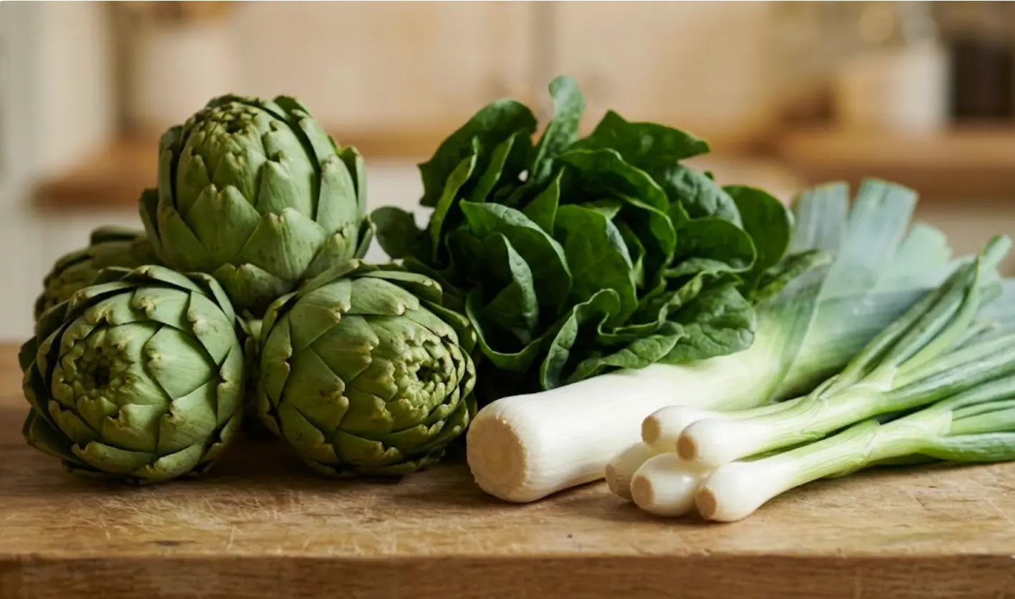 Verduras de temporada de marzo 2026 — alcachofas, espinacas, puerros y cebolletas — para menú semanal económico de transición primavera