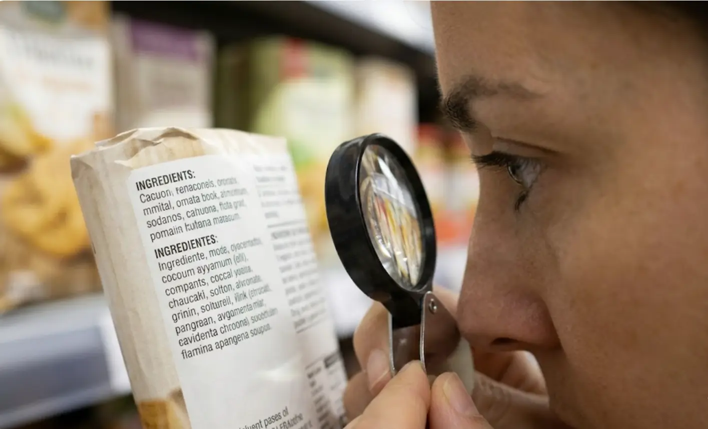 Lectura de etiqueta de ingredientes en supermercado para comparar marca blanca y marca conocida y decidir cuál elegir