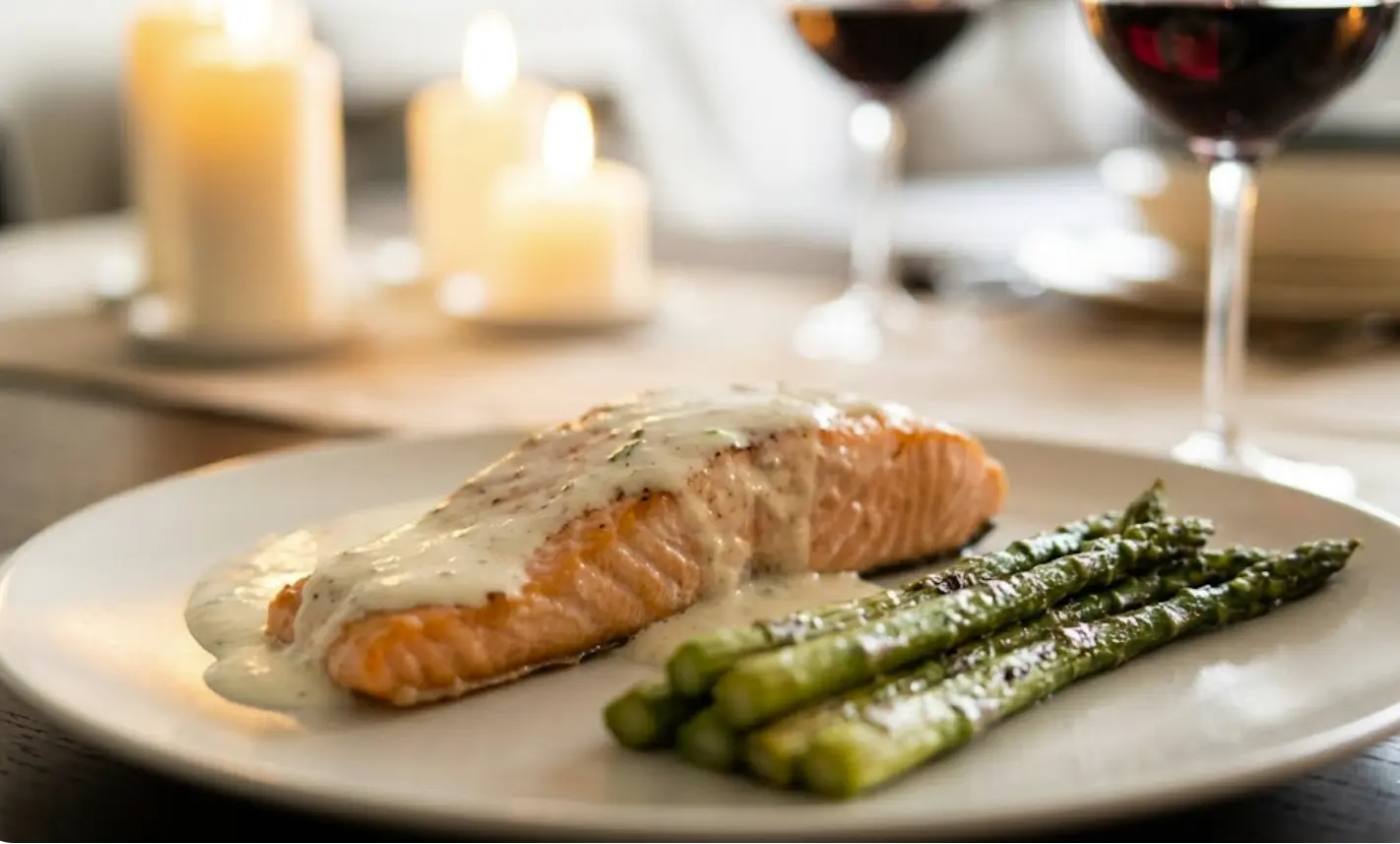 Salmon con salsa de nata y esparragos, plato principal de la cena romantica de San Valentin por menos de 20 euros