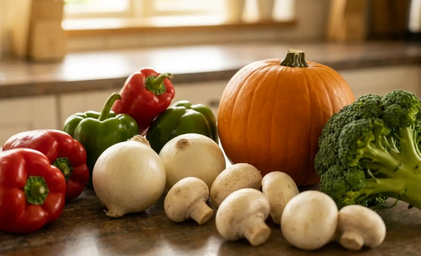 Verduras de temporada de octubre — calabaza, pimientos, champiñones y brócoli — para menú semanal económico de otoño