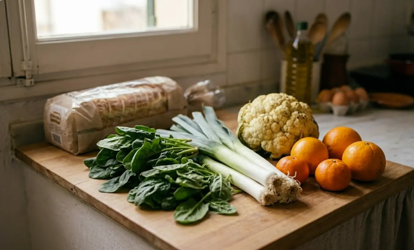 Verduras de temporada de febrero 2026 — coliflor, puerros y espinacas — para menú semanal económico de invierno