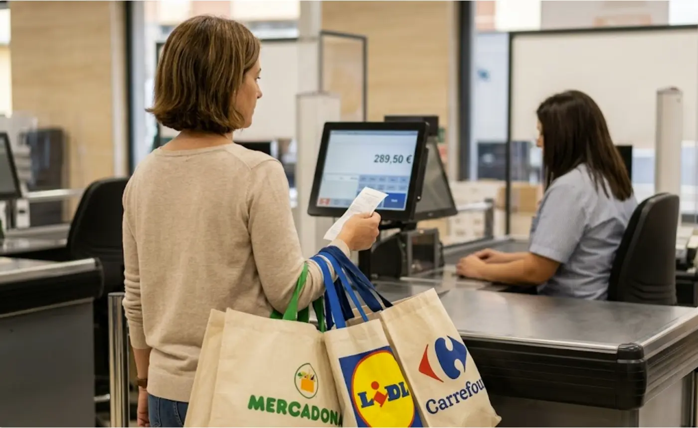 Etiquetas de precio en estanterías de supermercado mostrando diferencias de coste entre productos equivalentes