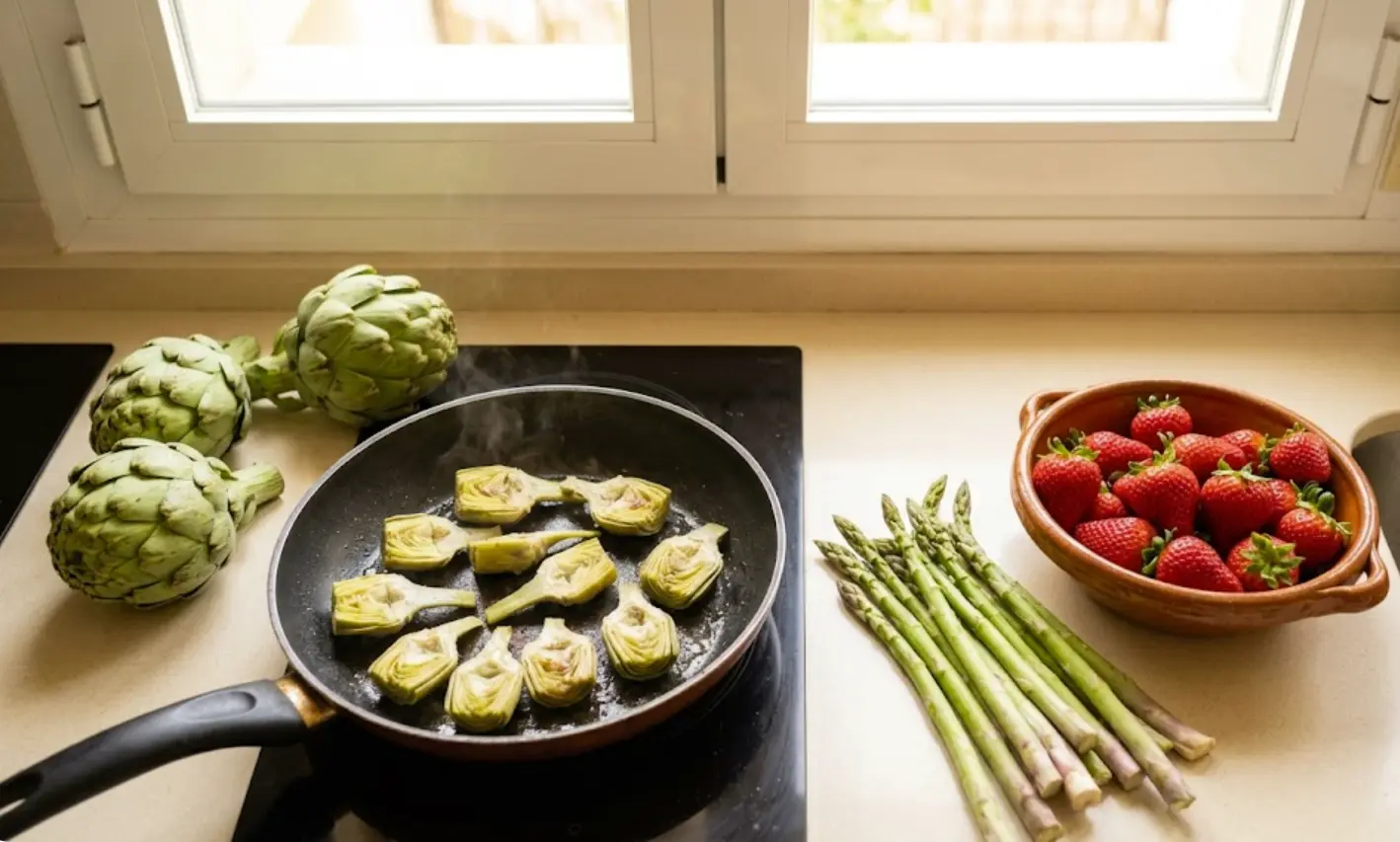 Cocina de primavera en marzo 2026 con alcachofas, espárragos y fresas, recetas económicas del cambio de temporada
