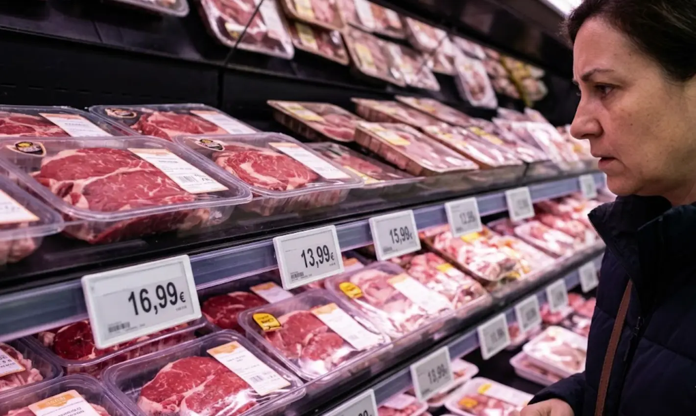 Sección de carne en supermercado español en marzo 2026 con precios elevados, la carne de vacuno sigue subiendo