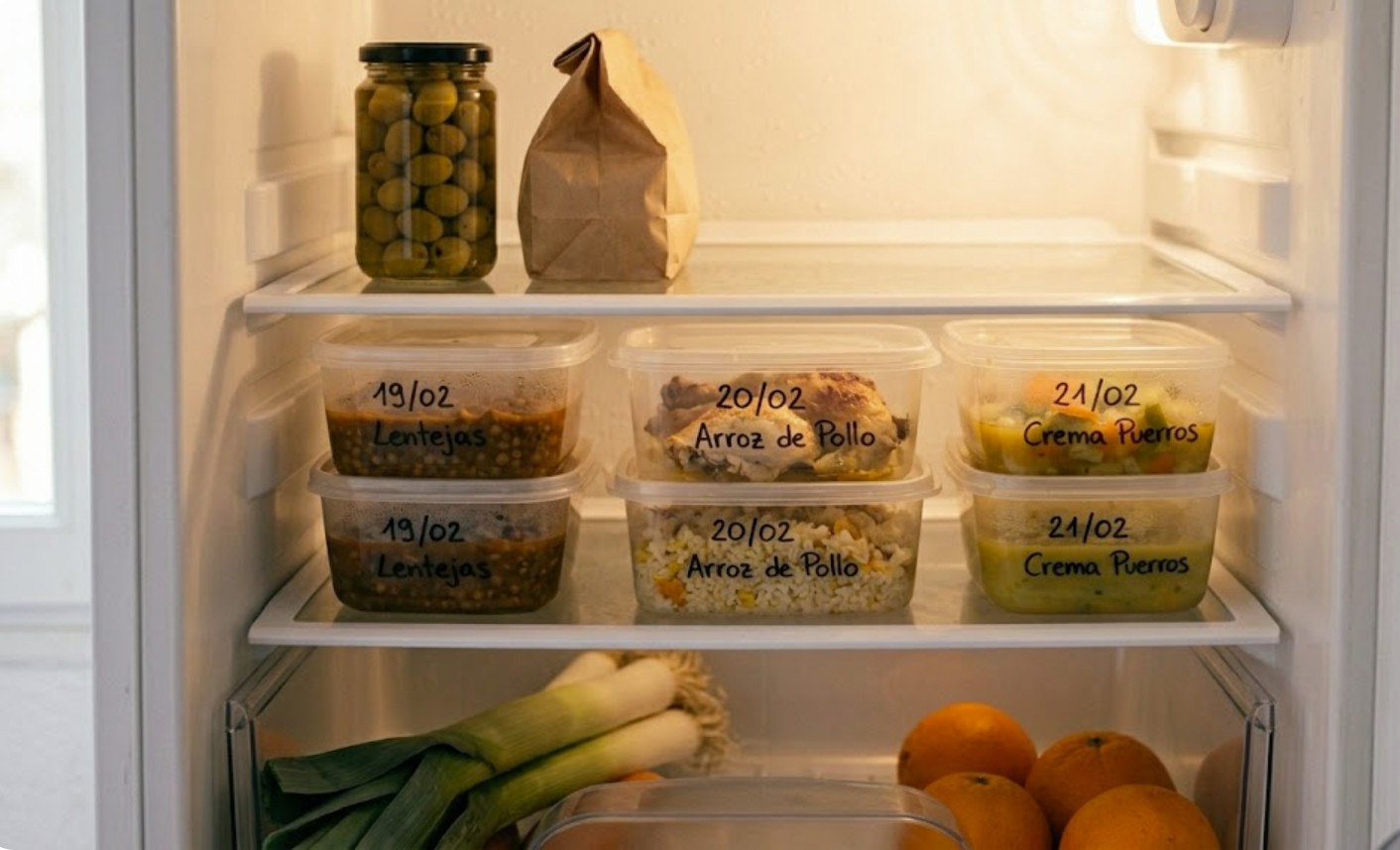 Tuppers transparentes con sobras etiquetadas con fecha en nevera organizada para reducir el desperdicio alimentario