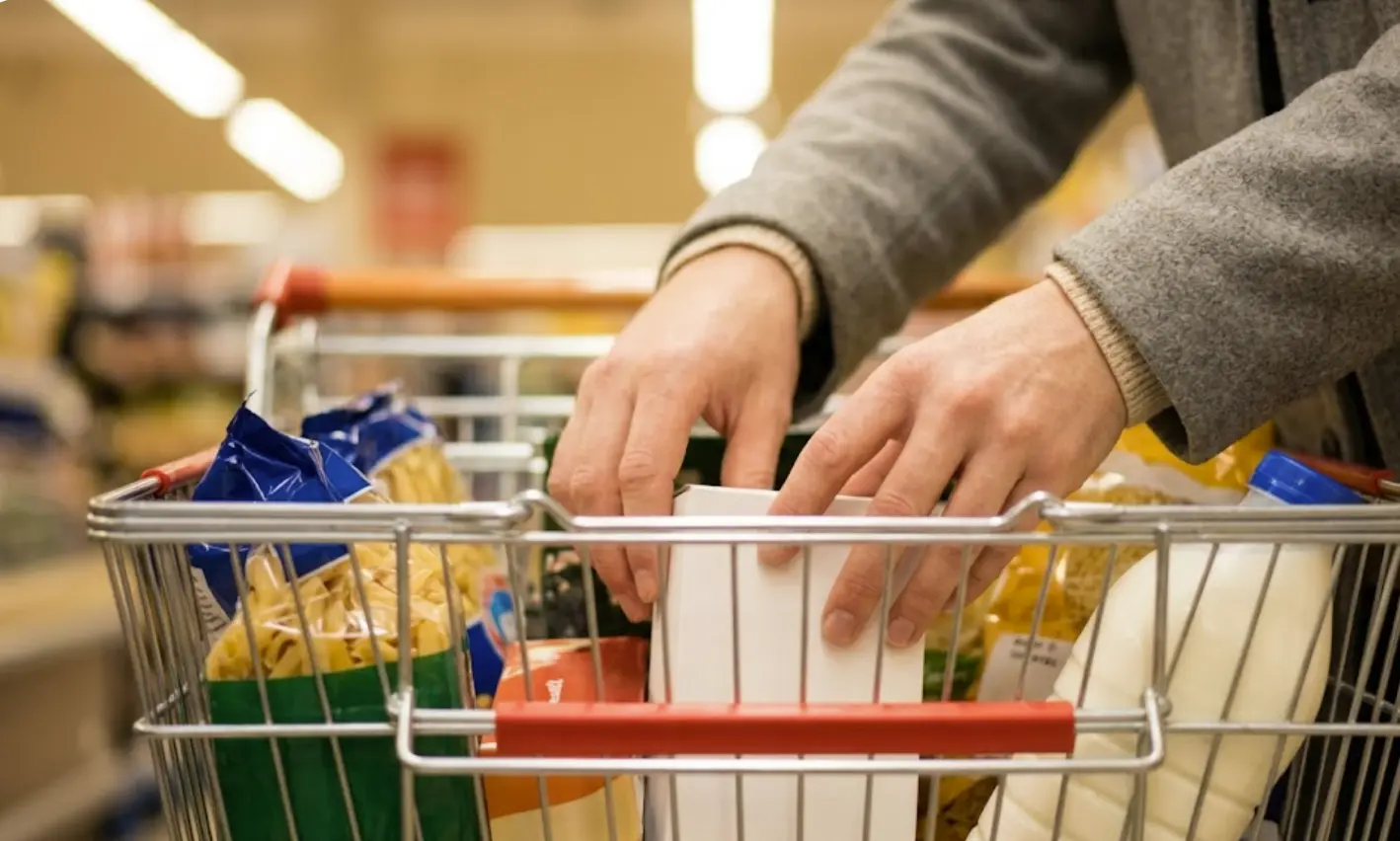 Consumidor eligiendo estratégicamente entre marca y marca blanca en supermercado para ahorrar sin cambiar lo que come