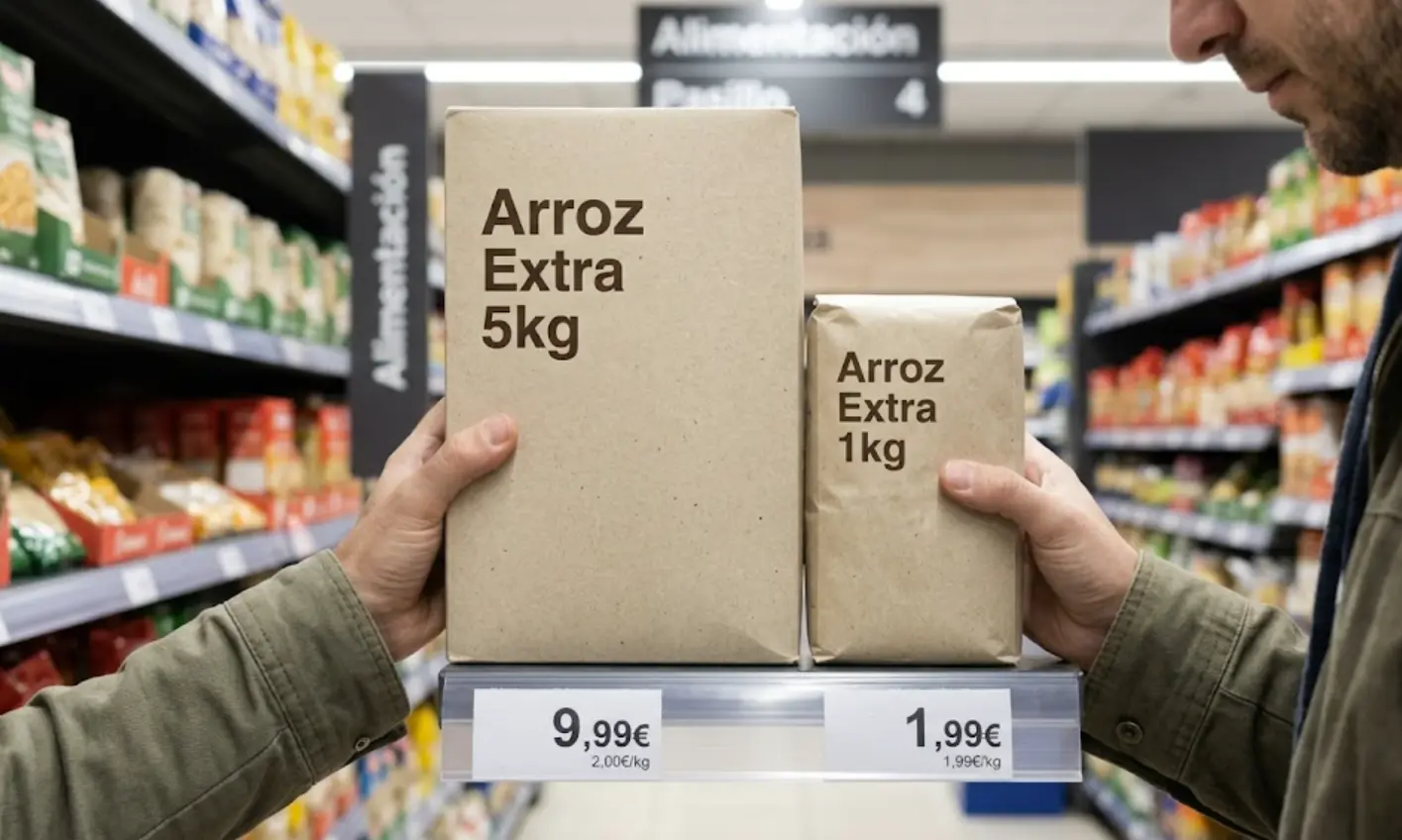 Comparación de dos productos de diferente tamaño en supermercado usando el precio por kilo para encontrar el más barato