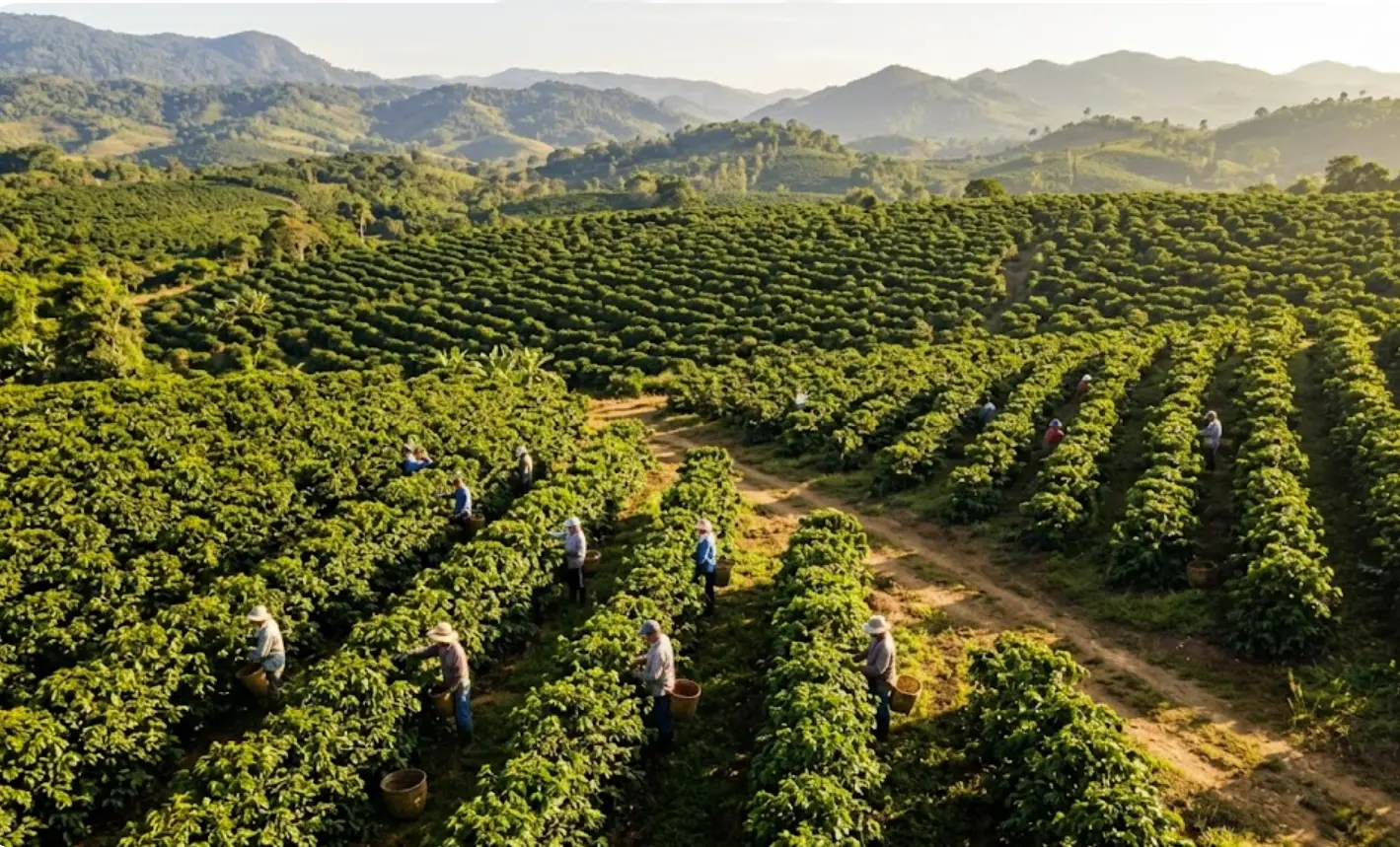 Plantacion de cafe en pais productor, donde el cambio climatico y las malas cosechas explican la subida historica del precio del cafe