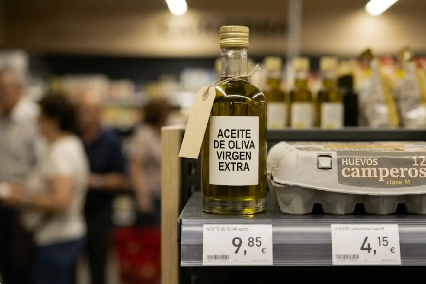 Aceite de oliva y huevos en estantería de supermercado con precios elevados, los productos más encarecidos en España en 2024