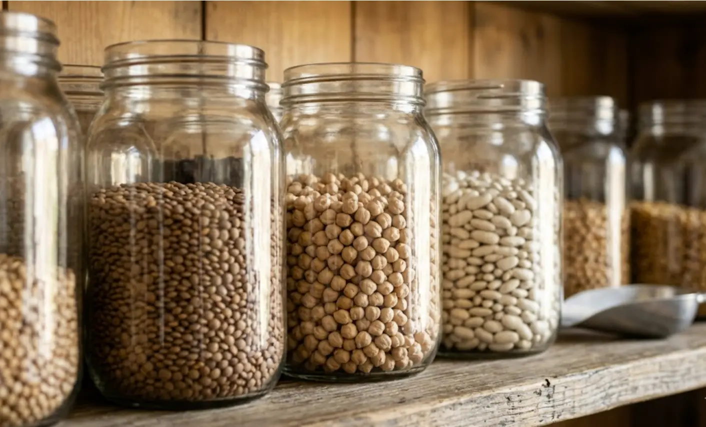 Legumbres a granel en botes de cristal — lentejas, garbanzos y alubias — como base de la despensa de invierno económica