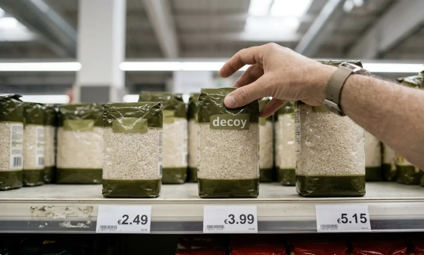 Packs de capsulas de cafe en tres tamanos con tres precios, ejemplo real del efecto seneuelo en el supermercado