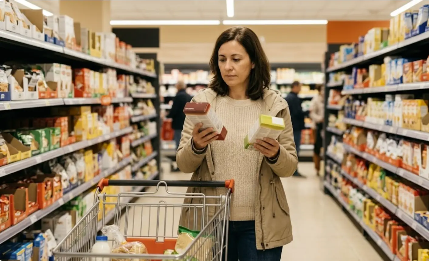 Productos de temporada de otoño en estantería de supermercado en octubre 2024 con precios comparados