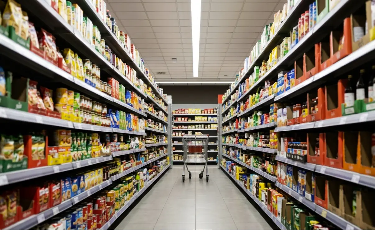 Pasillo de supermercado diseñado para desorientar al consumidor y fomentar compras impulsivas