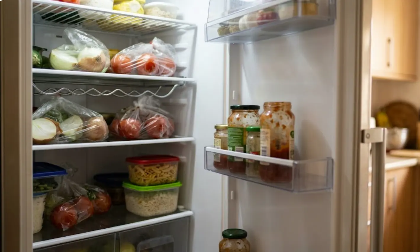 Tupper con sobras etiquetado con fecha en nevera bien organizada para reducir el desperdicio alimentario