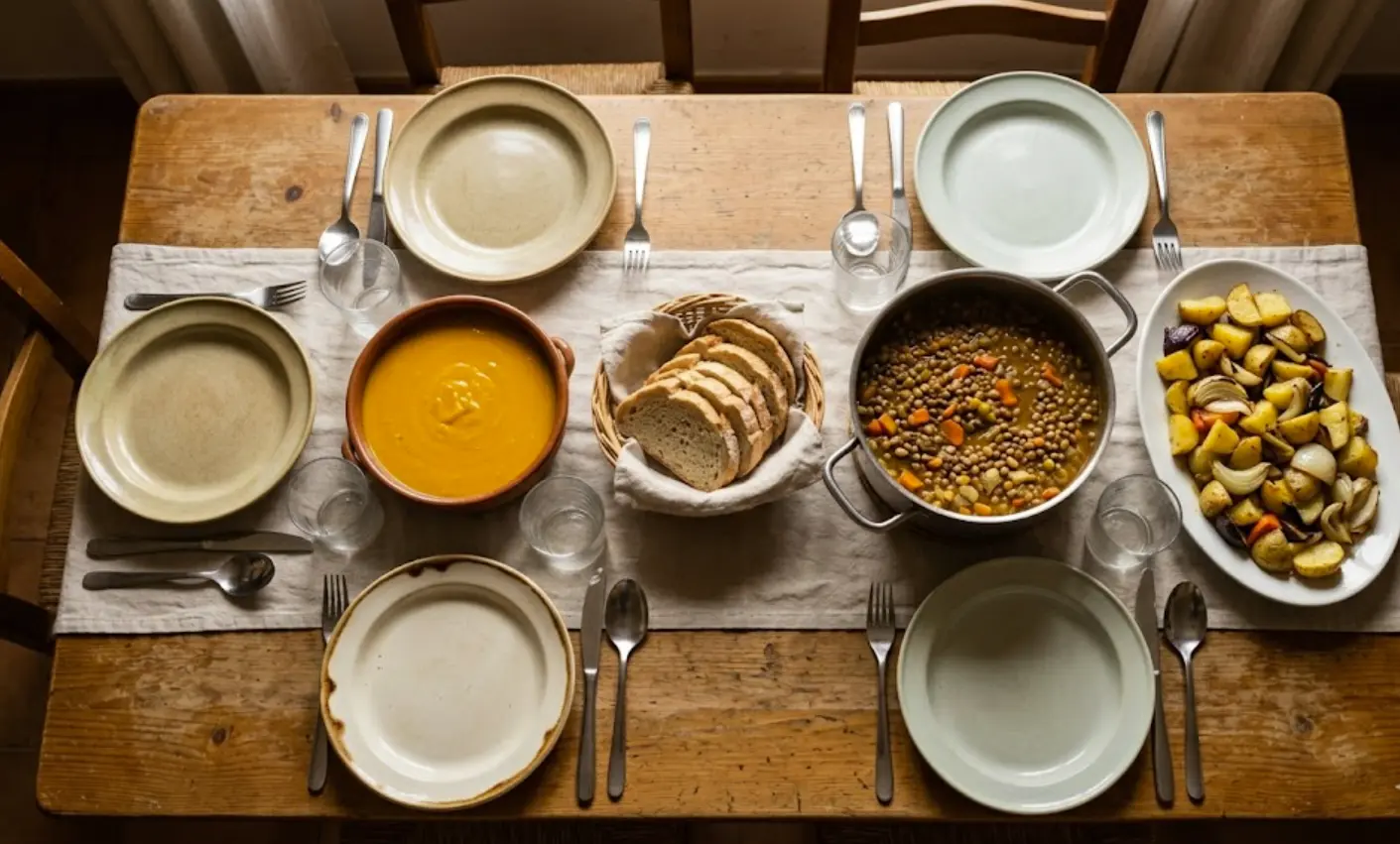 Mesa familiar con menú de otoño económico para cuatro personas en octubre 2024 por menos de 50 euros