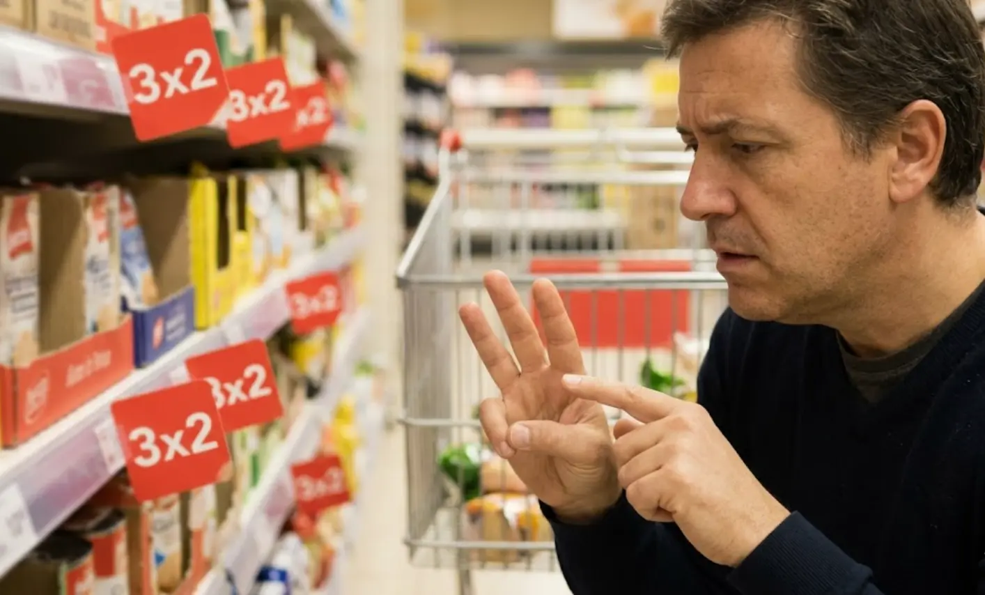 Consumidor calculando mentalmente si el 3x2 del supermercado es realmente una oferta rentable