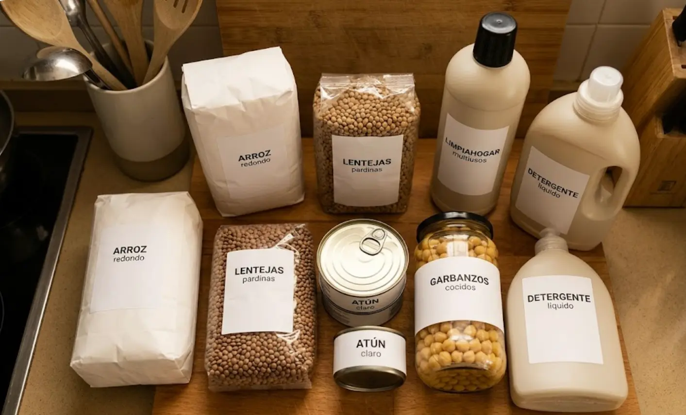 Productos de marca blanca de supermercado — pasta, arroz, conservas y limpieza — en cocina doméstica