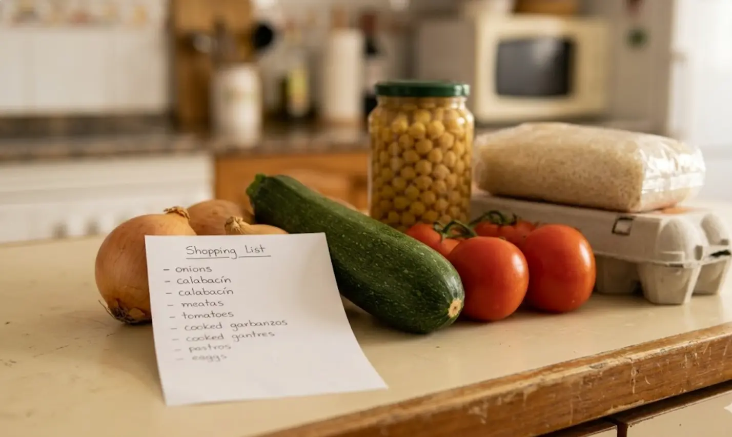 Lista de la compra semanal económica junto a ingredientes básicos para menú familiar de menos de 50 euros
