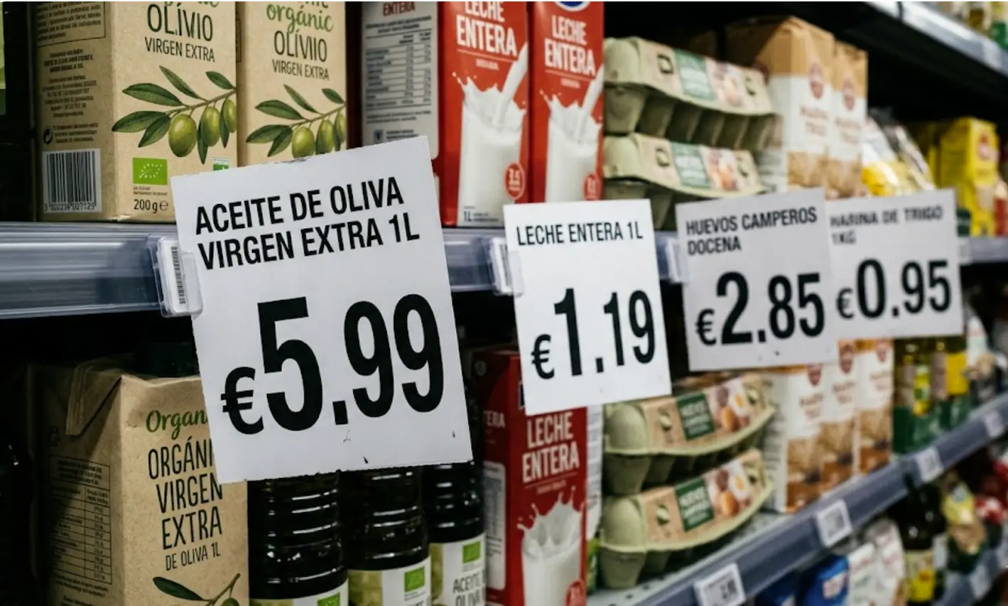 Etiquetas de precio en estantería de supermercado en marzo 2026 mostrando subidas en productos básicos