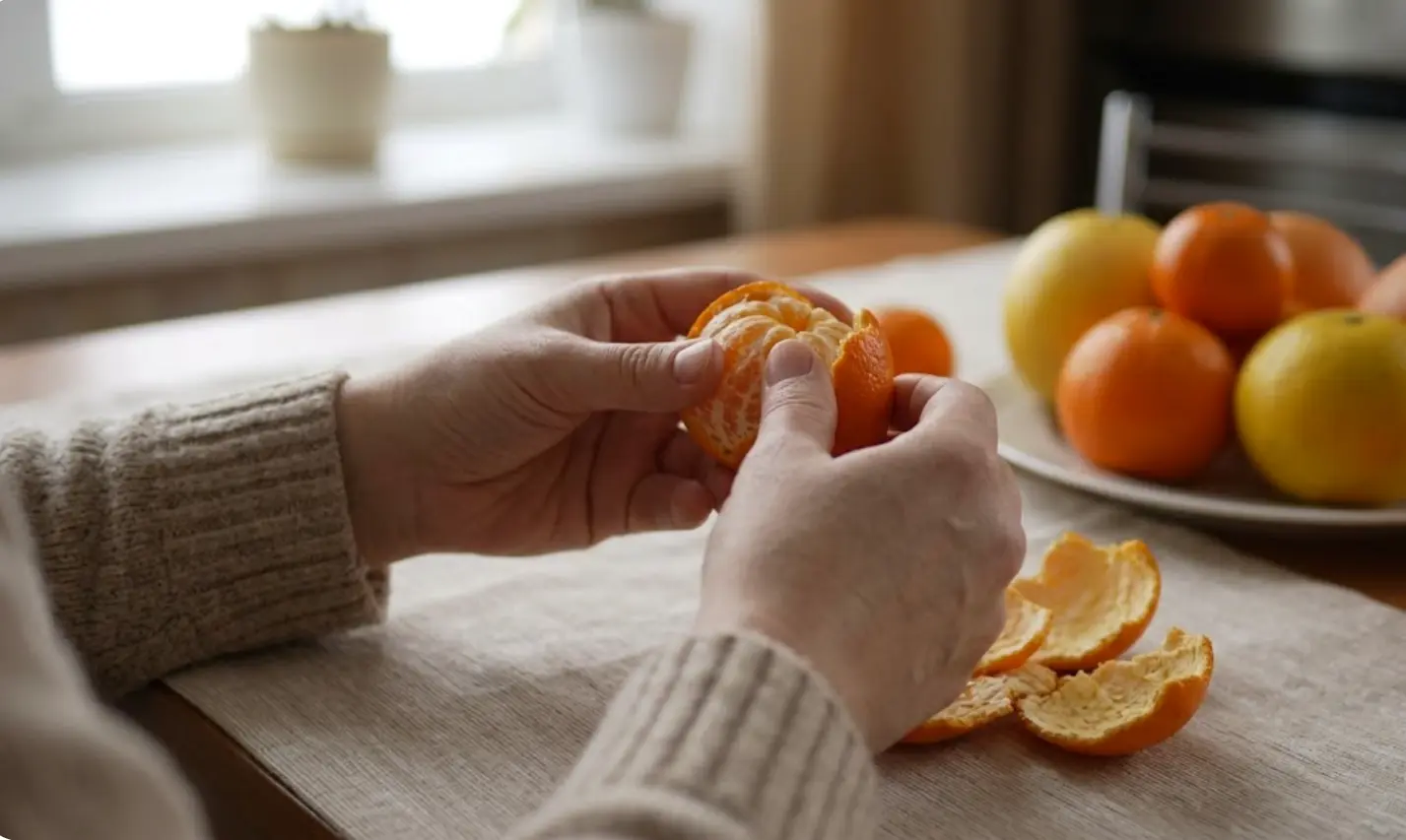 Manos pelando mandarina en cocina de invierno, los cítricos están en temporada óptima y al mejor precio en enero 2026