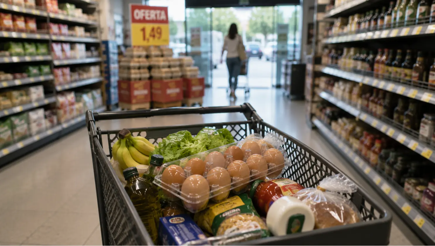 Expositor de oferta a la entrada de un supermercado atrayendo a un cliente