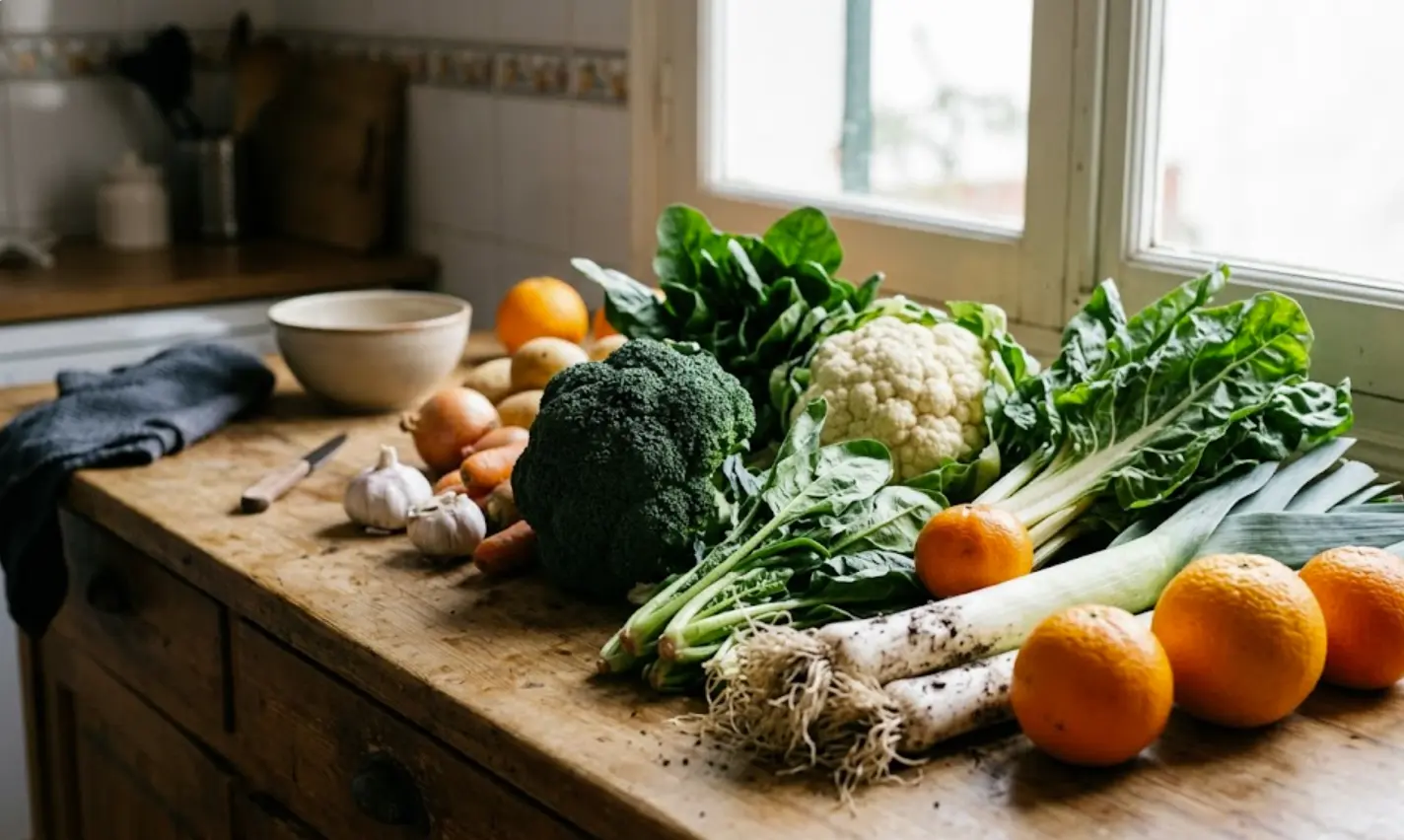 Verduras de temporada de enero — brócoli, coliflor, puerros y cítricos — para menú semanal económico de invierno