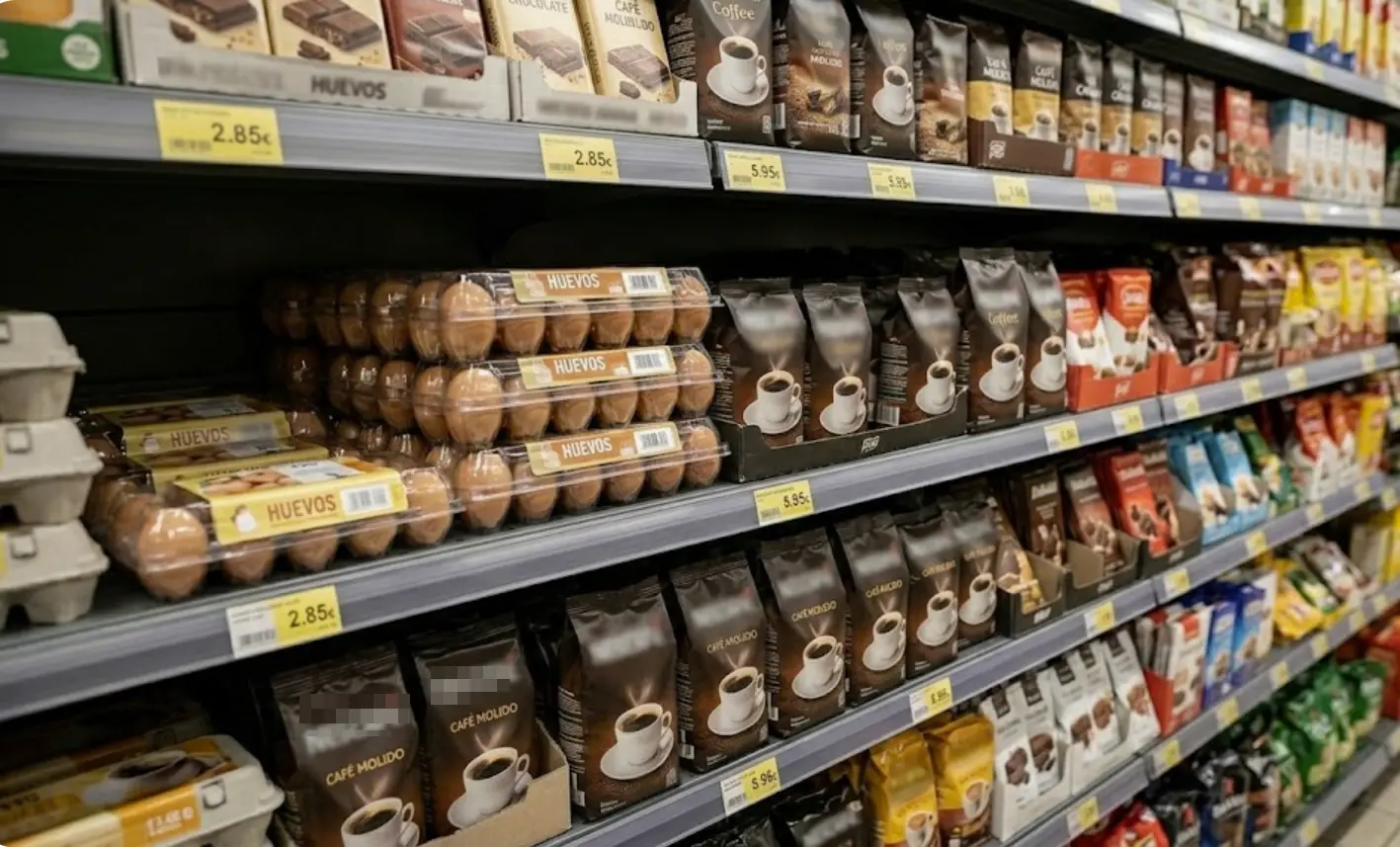 Huevos y café en estantería de supermercado con precios elevados, los dos productos que más subieron en España en 2025