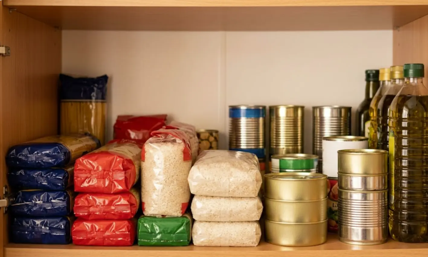 Despensa doméstica bien organizada con productos básicos visibles, el sistema para evitar compras de urgencia