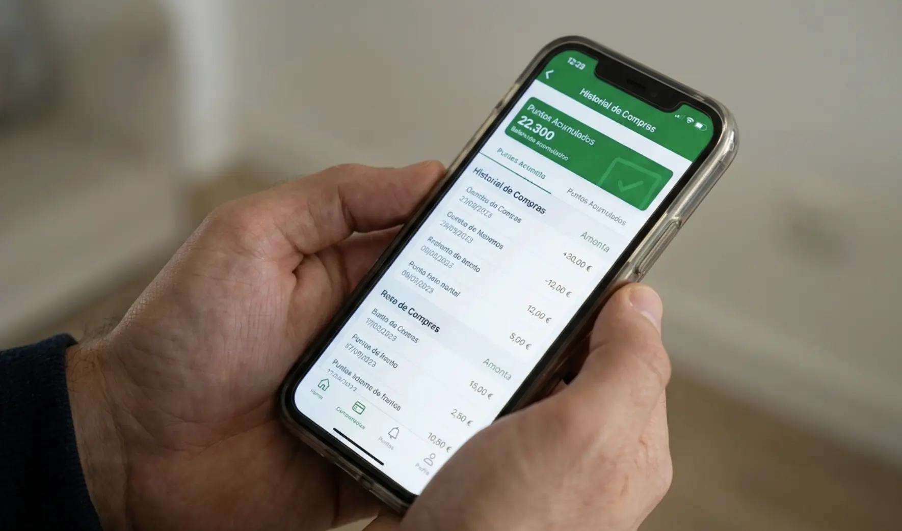 App de fidelización de supermercado mostrando historial de compras y puntos acumulados, los datos que el supermercado recopila de cada cliente