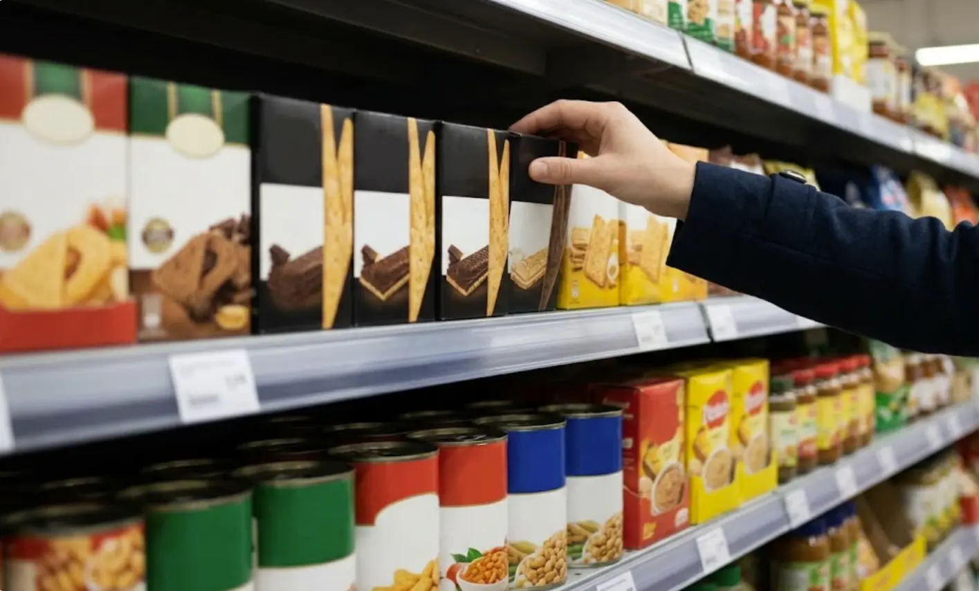 Estantería de supermercado con productos premium a la altura de los ojos y opciones baratas abajo, ejemplo de diseño estratégico para aumentar el gasto