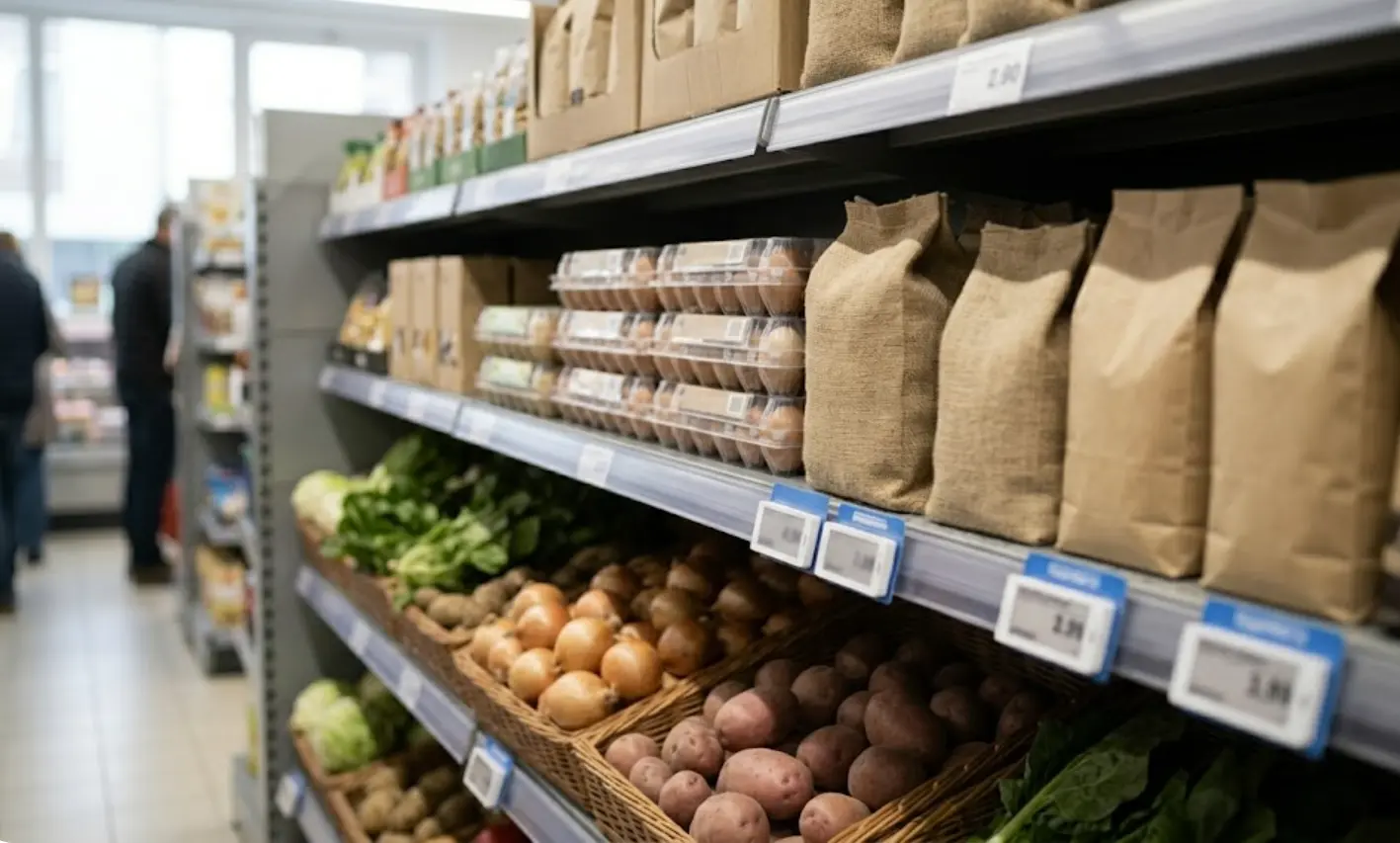 Estanterías de supermercado con productos básicos en febrero 2026 mostrando el impacto de la inflación alimentaria