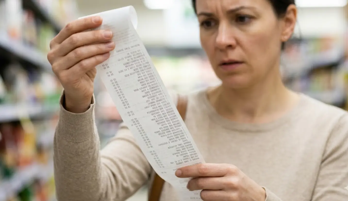 Consumidor revisando ticket largo de supermercado en marzo 2026, reflejo de la inflación alimentaria en máximos