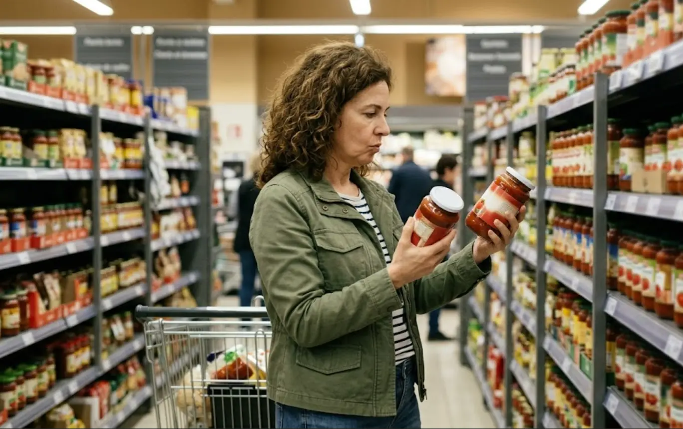Comprador comparando dos productos parecidos en el supermercado antes de decidir