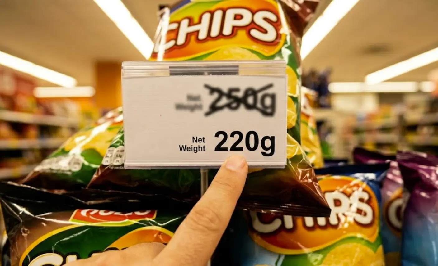 Etiqueta de producto de supermercado con lupa mostrando el peso reducido como ejemplo de reduflación