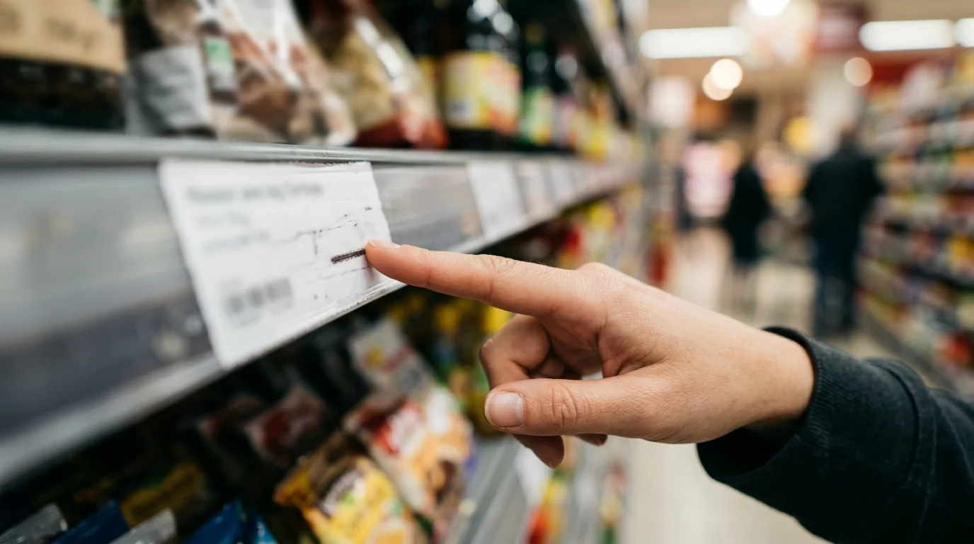 Señalando el precio por kilo en la etiqueta de un lineal de supermercado