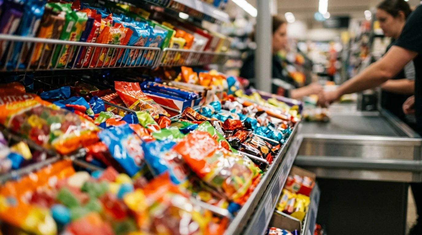 Productos de impulso colocados junto a la caja del supermercado