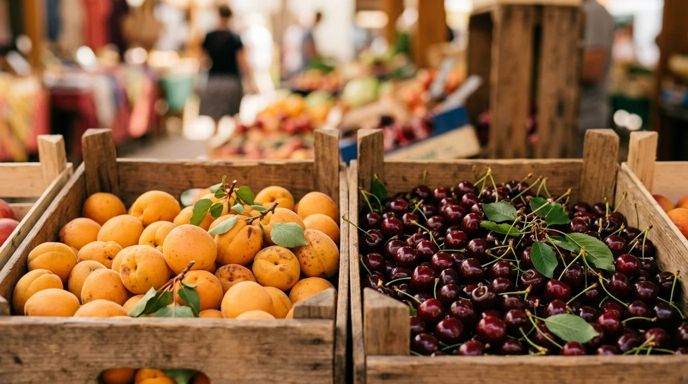 Albaricoques y cerezas en cajas de madera en una frutería