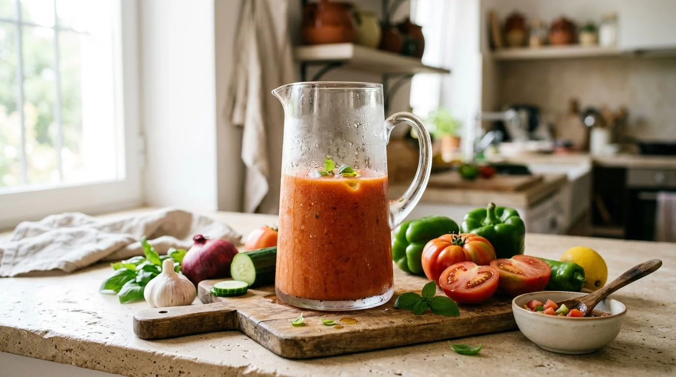 Jarra de gazpacho casero junto a verduras de verano