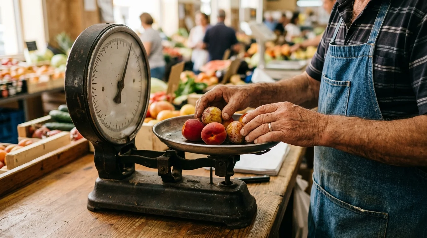 El frutero pesando la cantidad exacta pedida por un cliente