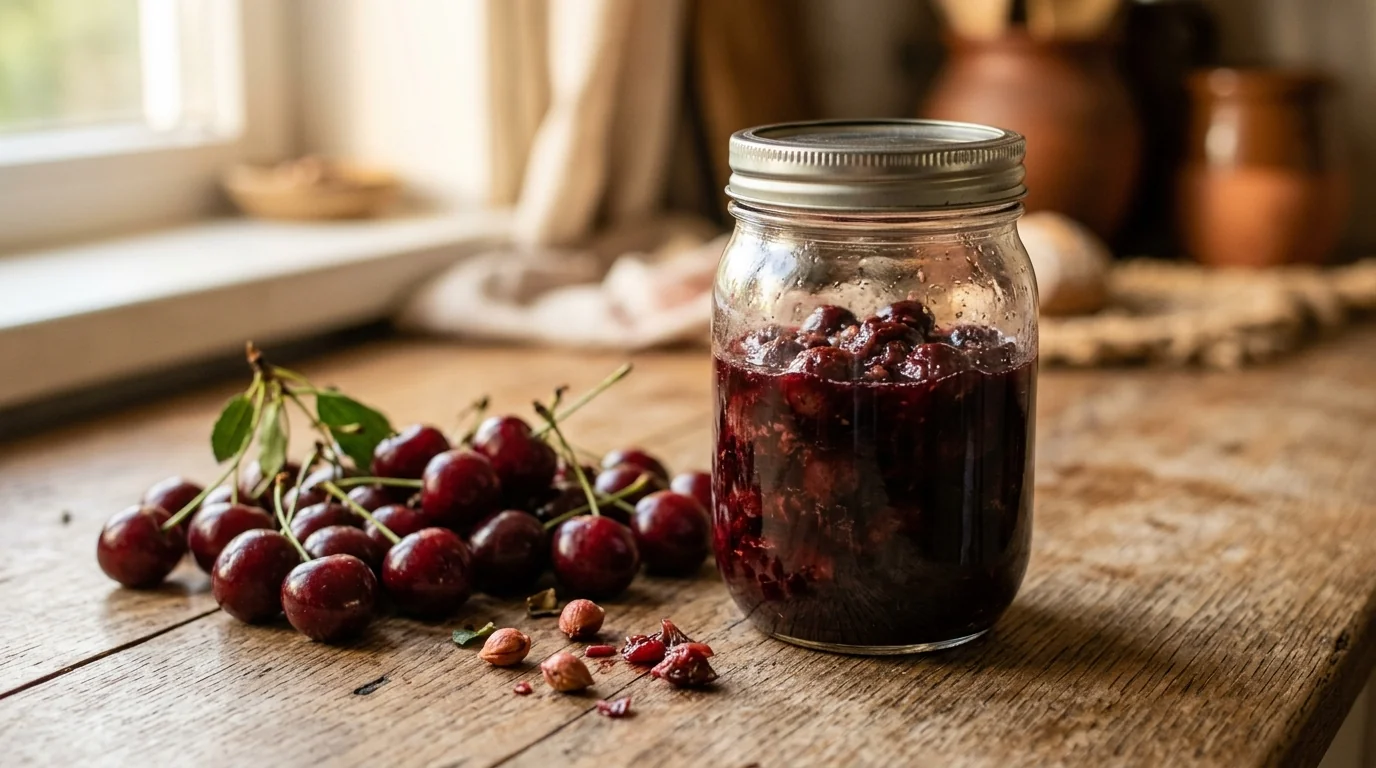 Compota de cerezas casera junto a cerezas frescas
